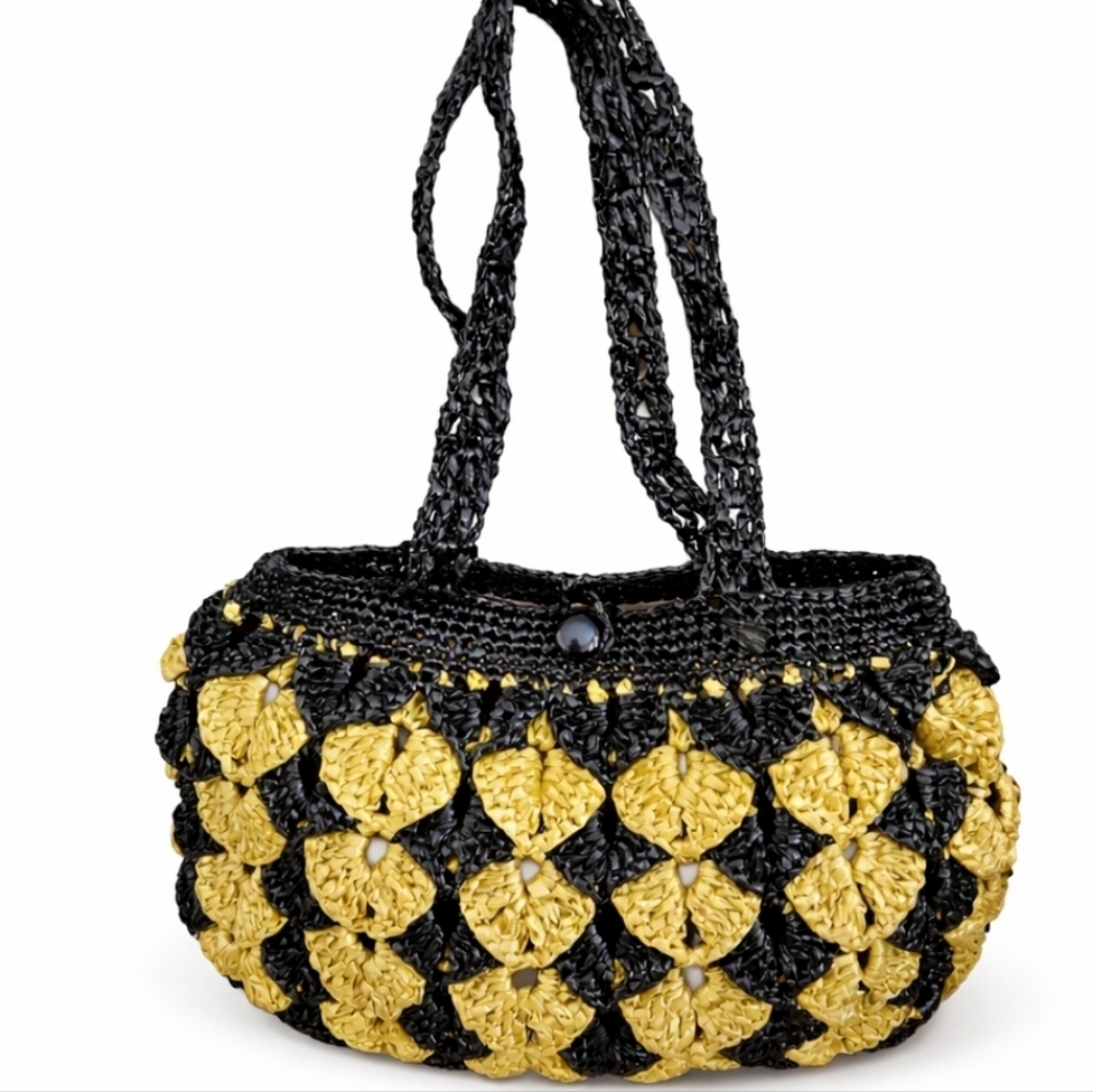 Black & Golden Raffia Crochet Shoulder Bag | Lined Fold-Over Button Closure